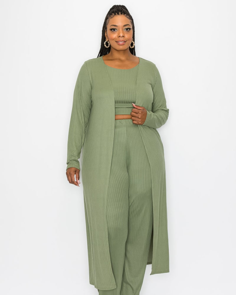 Front of a model wearing a size 1X Khloe Three Piece Rib Set in Light Olive by L I V D. | dia_product_style_image_id:240971